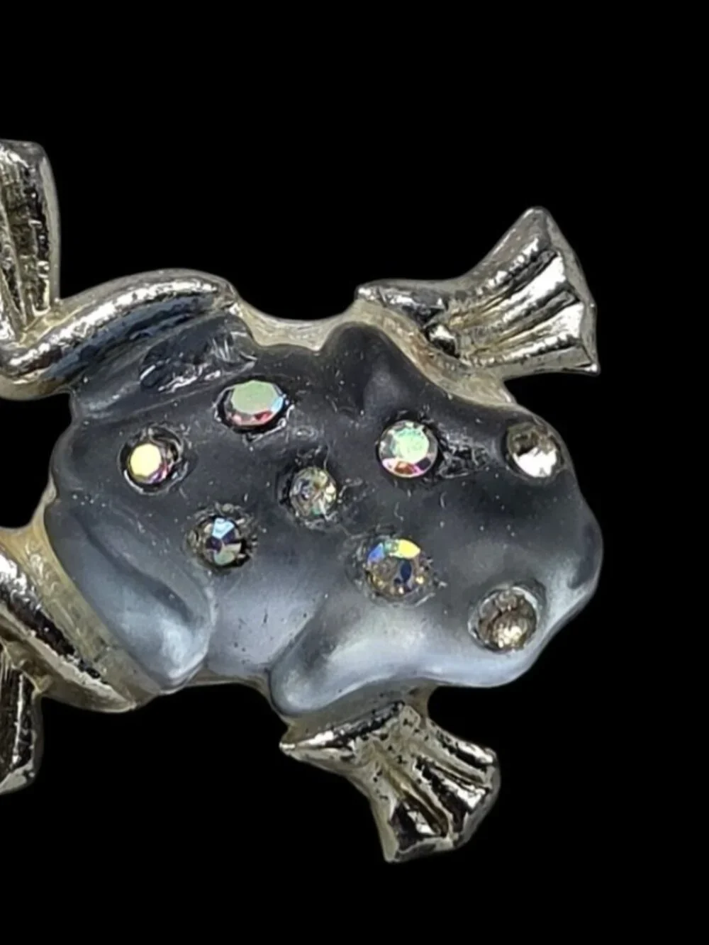 Vintage Silver Tone Jelly Belly Frog Brooch Pin with Aurora Borealis Rhinestones